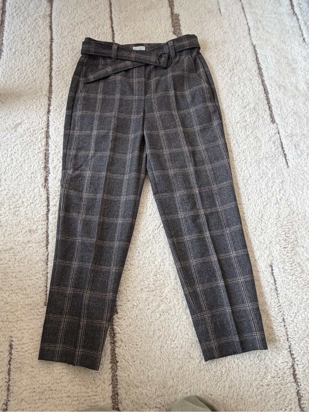 Brunello Cucinelli 109% Virgin Wool Gray Plaid Belted Women’s Trousers